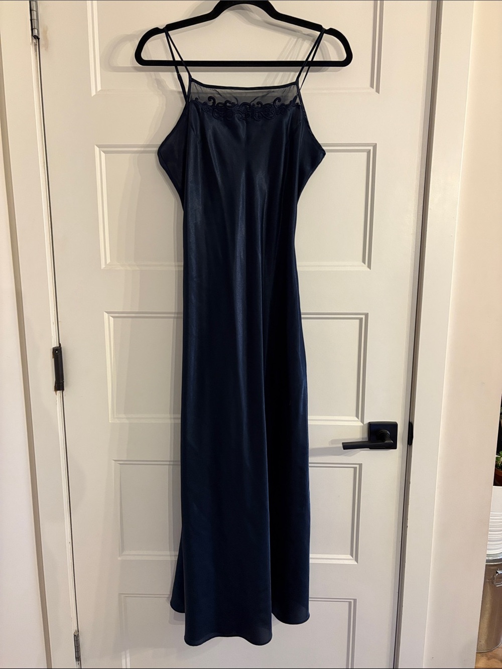 Satin Navy Slip Dress with Embroidered Sheer Yoke